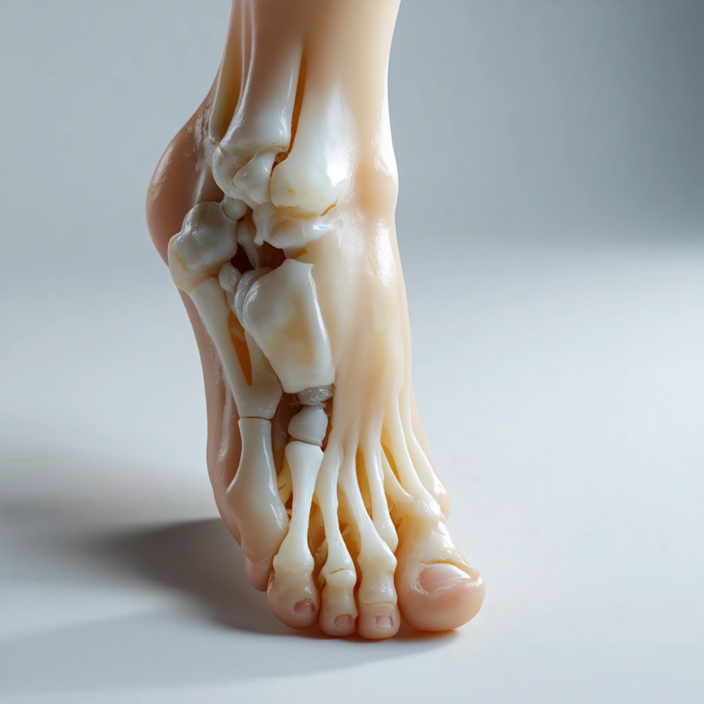 Illustration réaliste d'un pied humain avec une déformation due à un hallux valgus, montrant le gros orteil incliné vers les autres orteils et une bosse à sa base.
