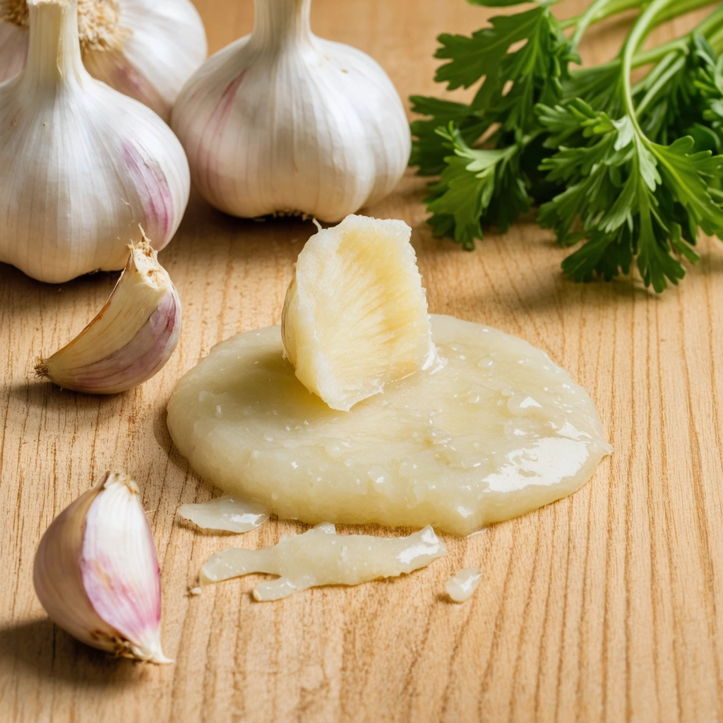 Une pâte d'ail écrasée sur un comptoir en bois avec des gousses d'ail entières et des herbes fraîches à proximité.