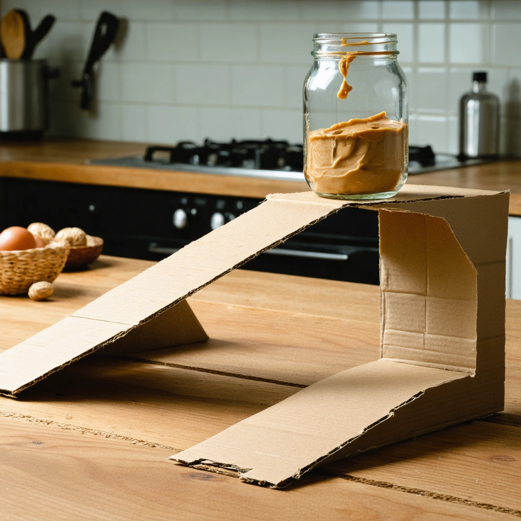 Un piège maison composé d'un bocal en verre avec du beurre de cacahuète à l'intérieur, posé sur le bord d'une table en bois avec une rampe en carton inclinée, dans une cuisine chaleureuse.