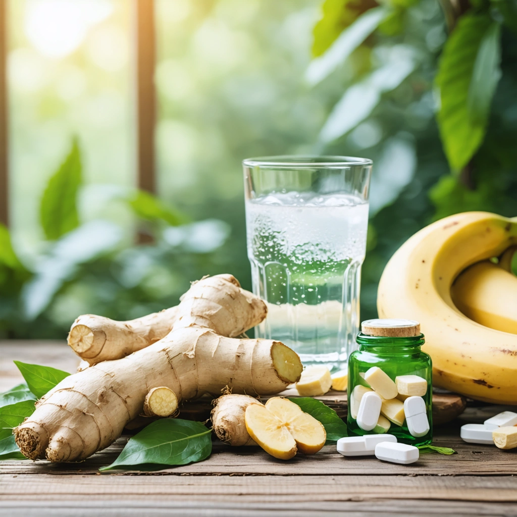 Table avec des plantes comme le ginseng et le gingembre, compléments alimentaires et fruits pour illustrer des remèdes naturels.