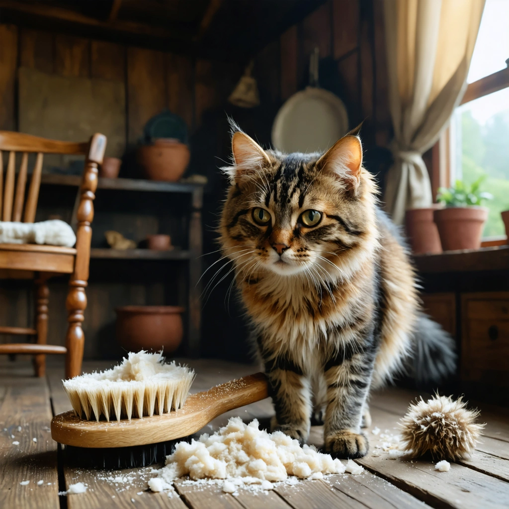 Un intérieur de maison rustique et chaleureux, un chat domestique se fait brosser doucement, avec des touffes de poils de chat collectées sur une brosse et dispersées sur le sol pour éloigner les mulots.