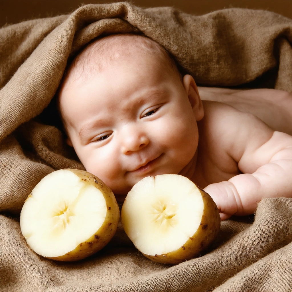 Un bébé paisible, allongé, avec des tranches de pommes de terre crues posées sur sa poitrine, enveloppées dans un linge, dans une ambiance chaleureuse et apaisante.