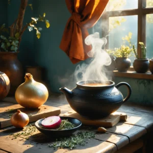 Un pot de vapeur, un oignon tranché, et un thé chaud pour déboucher le nez naturellement.