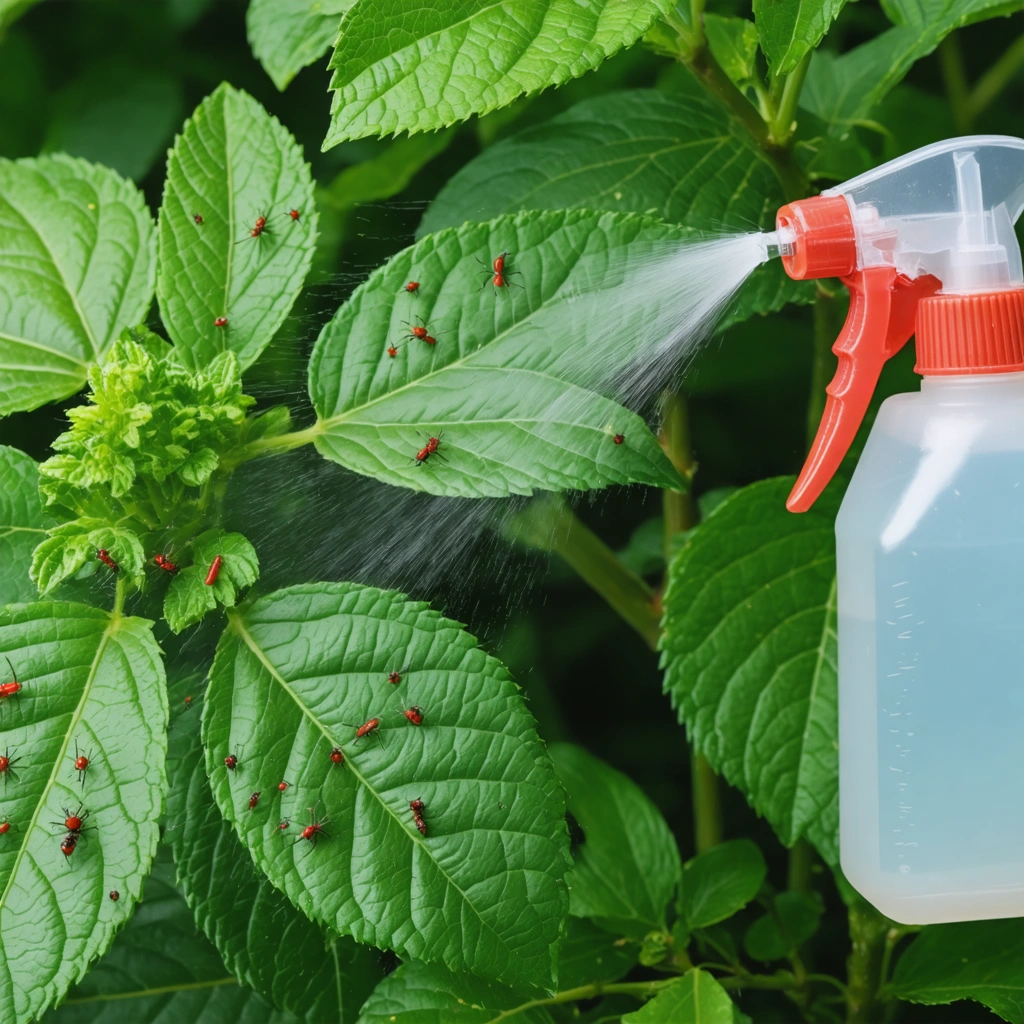 Une bouteille spray vaporisant une solution de vinaigre dilué sur les feuilles d'une plante infestée de petites araignées rouges, avec des feuilles vertes et saines en arrière-plan.
