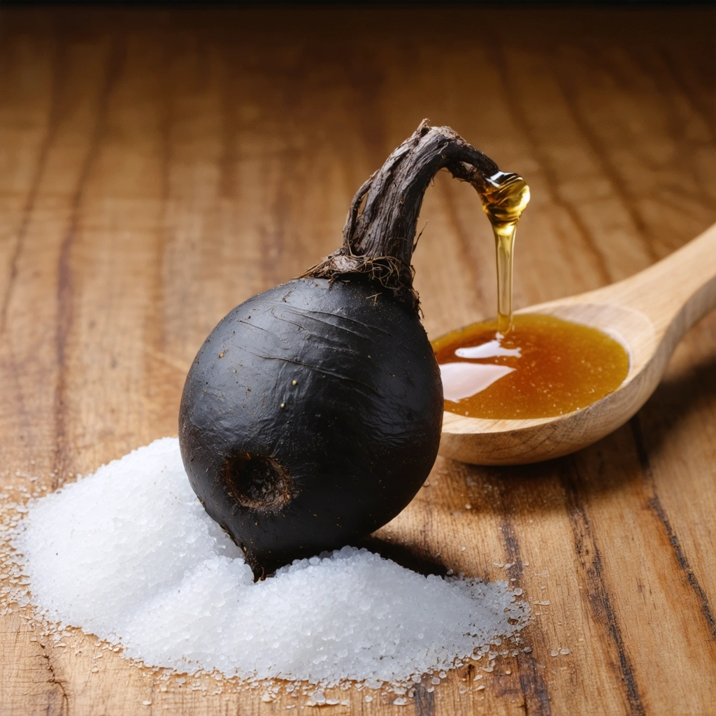 Un radis noir avec un trou creusé dedans, accompagné d'une cuillère en bois remplie de miel ou de sucre sur une table en bois rustique.