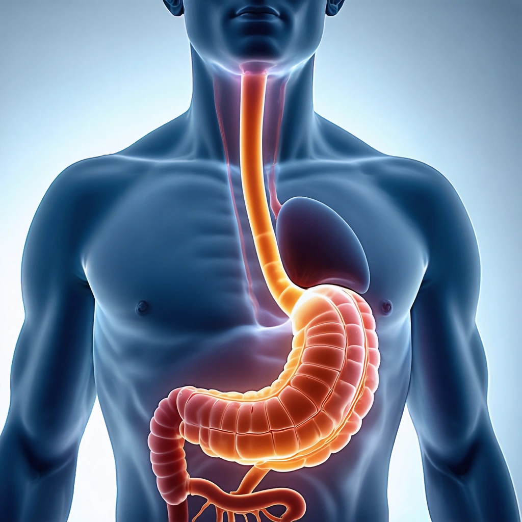 Illustration artistique représentant un reflux gastrique dans un torse humain transparent avec des flux colorés symbolisant les sucs gastriques remontant dans l'œsophage.