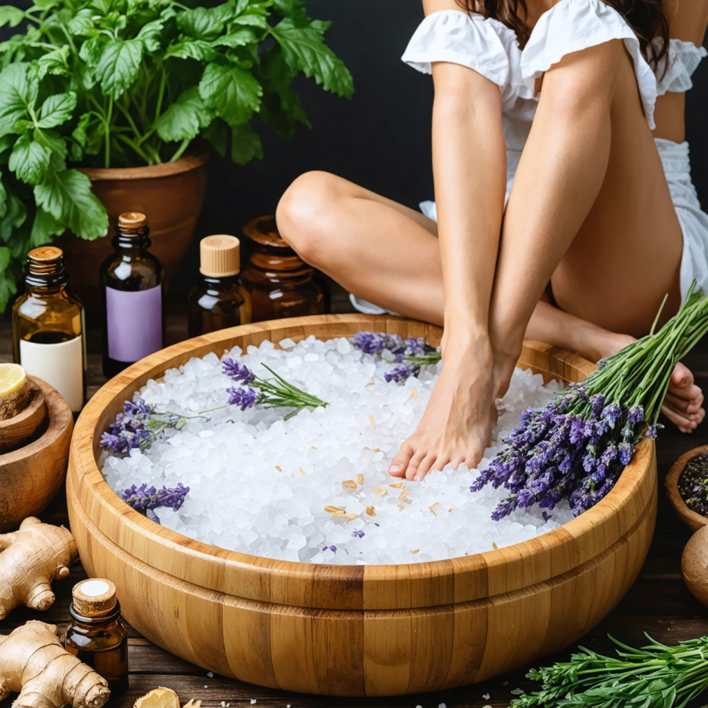 Un bain de pieds relaxant avec des sels, de la lavande et des remèdes naturels pour soulager un hallux valgus.