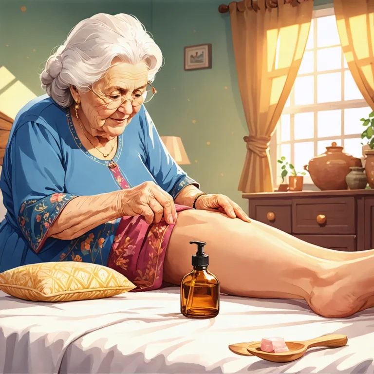 Mamie appliquant un remède naturel au tendon d'Achille de son petit-enfant dans une ambiance chaleureuse.