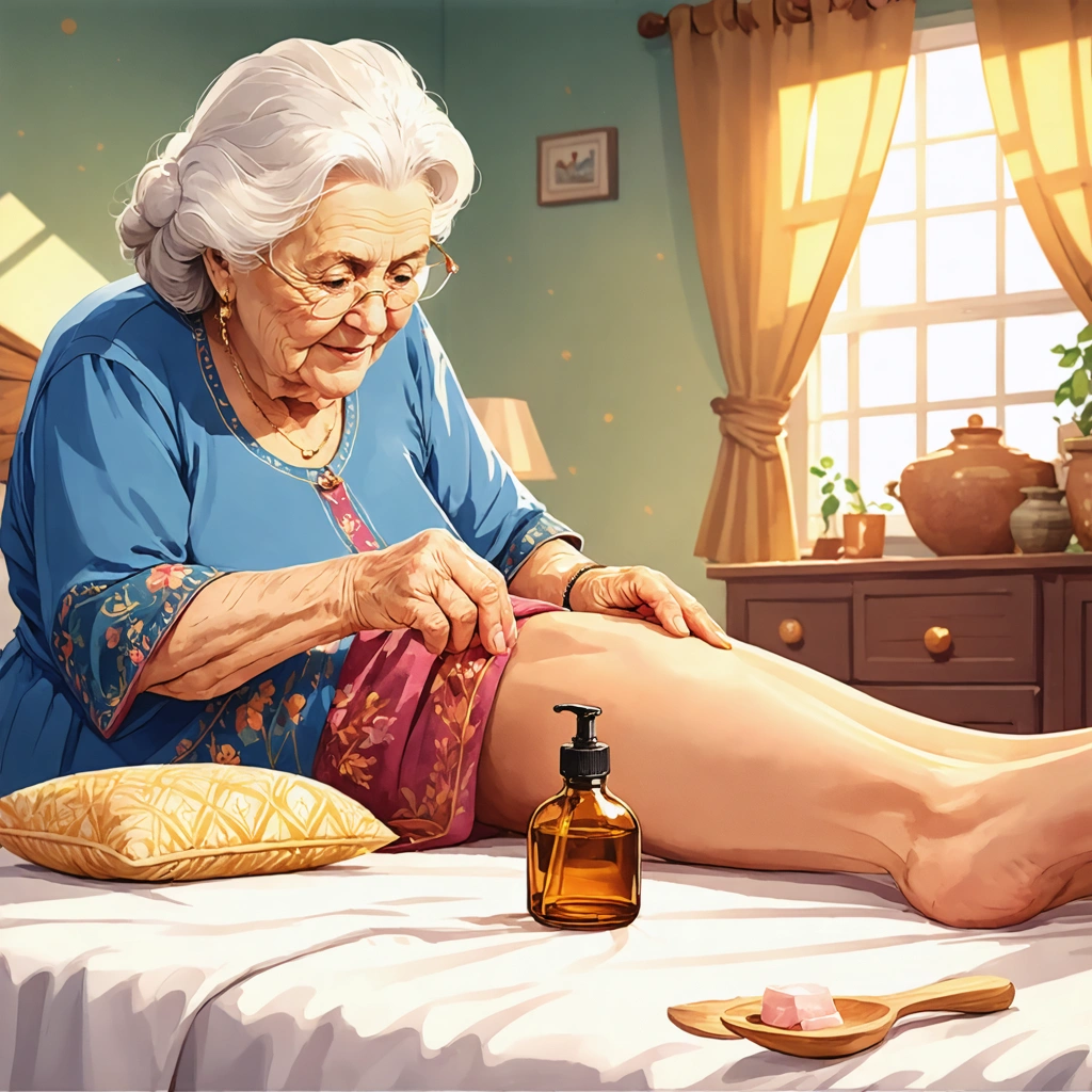 Mamie appliquant un remède naturel au tendon d'Achille de son petit-enfant dans une ambiance chaleureuse.