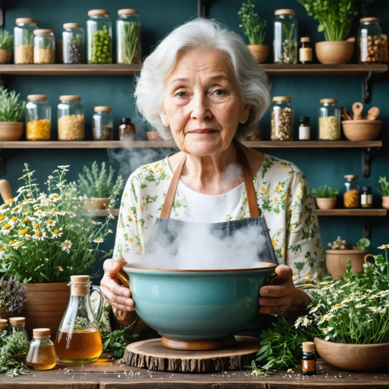 Une mamie dans une cuisine, entourée de miel, huiles essentielles et remèdes naturels pour traiter la rhinite allergique.