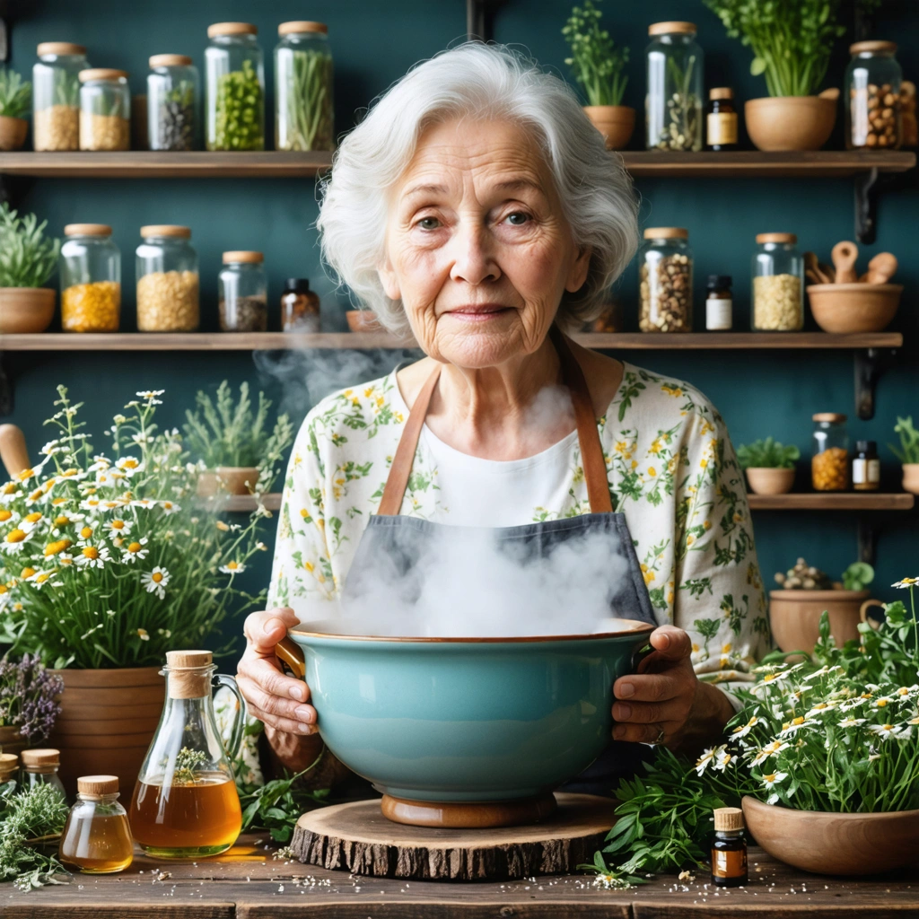Une mamie dans une cuisine, entourée de miel, huiles essentielles et remèdes naturels pour traiter la rhinite allergique.