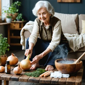Une grand-mère appliquant une rondelle d'oignon sur son pied, entourée de remèdes naturels comme des huiles essentielles et un bain de pieds.