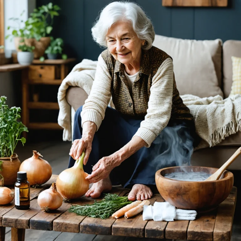 Une grand-mère appliquant une rondelle d'oignon sur son pied, entourée de remèdes naturels comme des huiles essentielles et un bain de pieds.