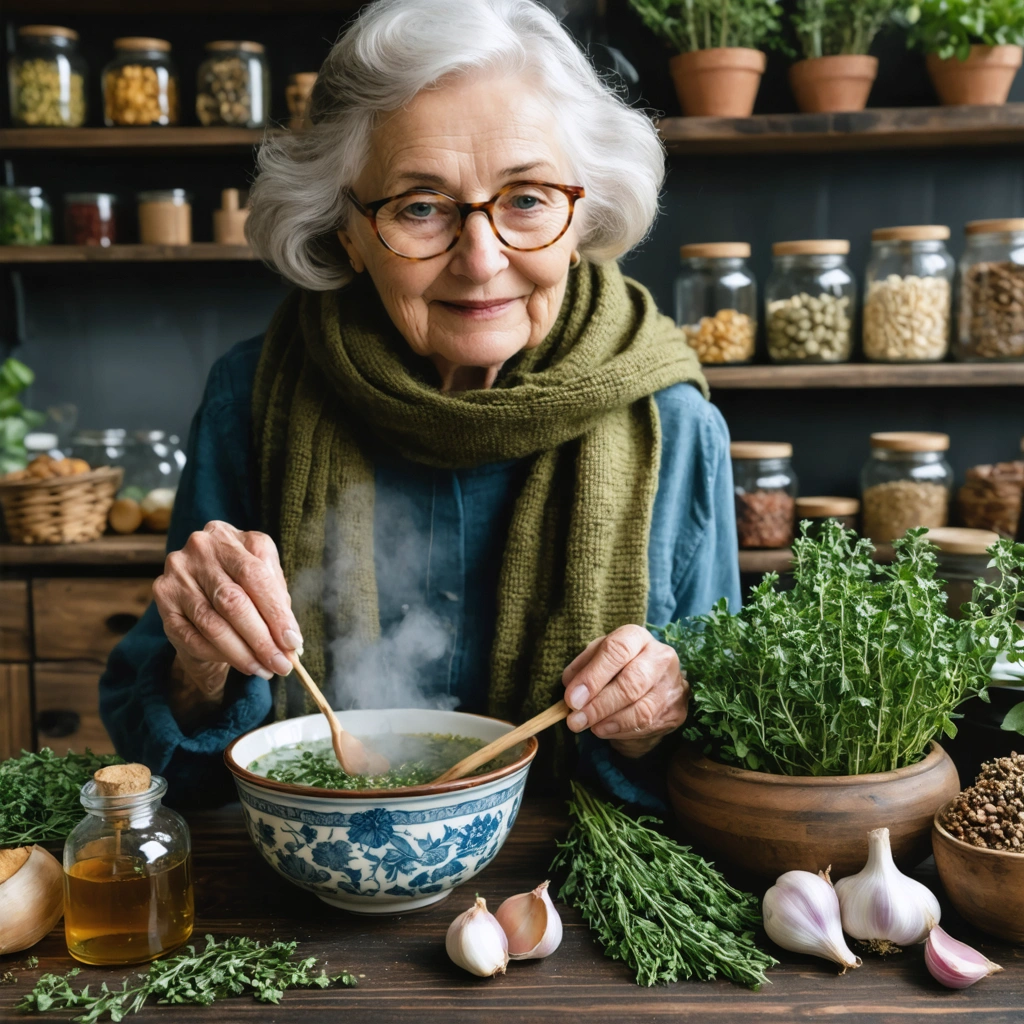 Une grand-mère préparant des remèdes naturels pour la sinusite avec du thym, de l'ail et du miel dans une cuisine rustique.