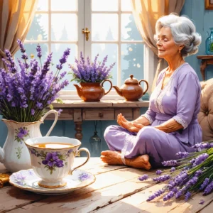 Une mamie méditant dans un salon chaleureux, avec une tasse de thé et des fleurs de lavande.