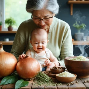 Une grand-mère réconfortant un bébé avec des remèdes naturels pour la toux grasse, dans une ambiance chaleureuse.