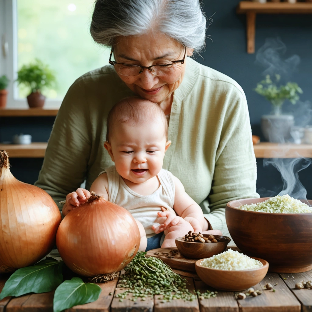 Une grand-mère réconfortant un bébé avec des remèdes naturels pour la toux grasse, dans une ambiance chaleureuse.