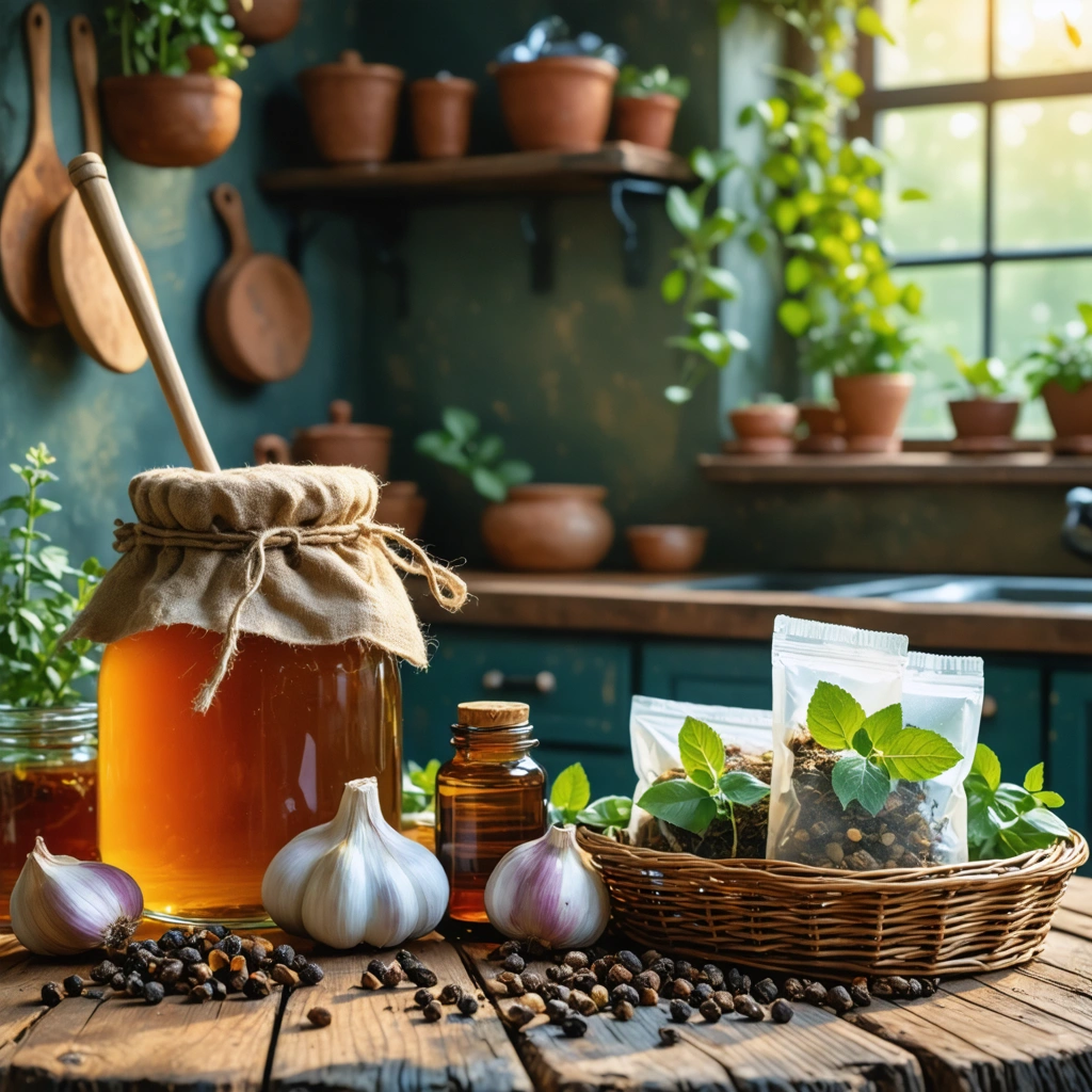 Pot de miel, gousses d'ail, sachets de thé et huiles essentielles pour soigner les ampoules naturellement