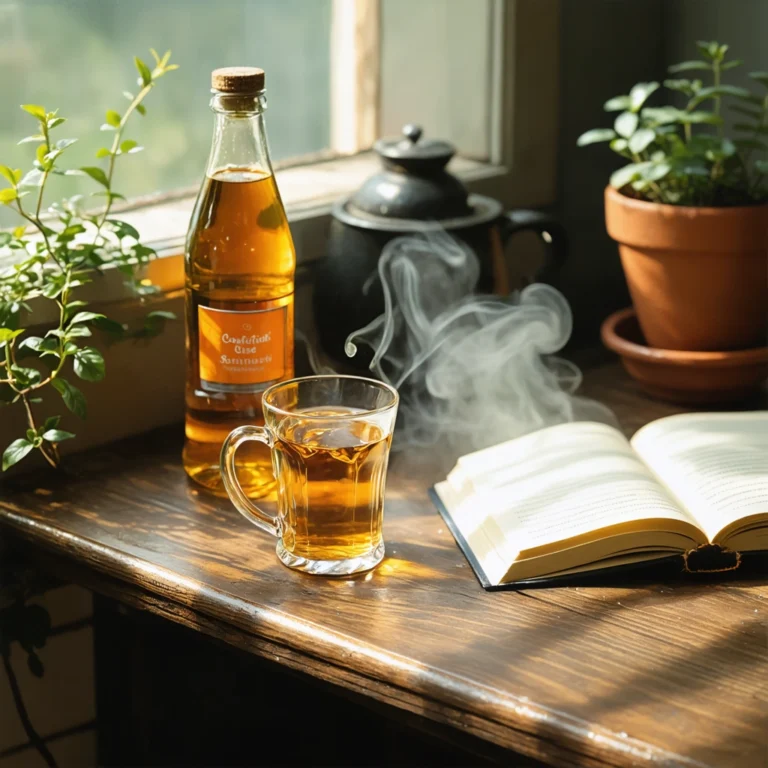 Une table avec une tisane fumante, une bouteille d'eau de fleur d’oranger et un carnet ouvert, ambiance chaleureuse.