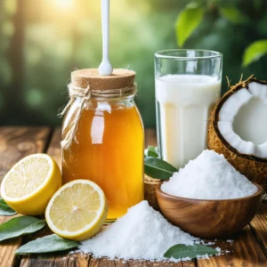 Solutions naturelles contre les aphtes comme du miel, citron, bicarbonate, lait de coco et feuilles de sauge sur une table en bois.