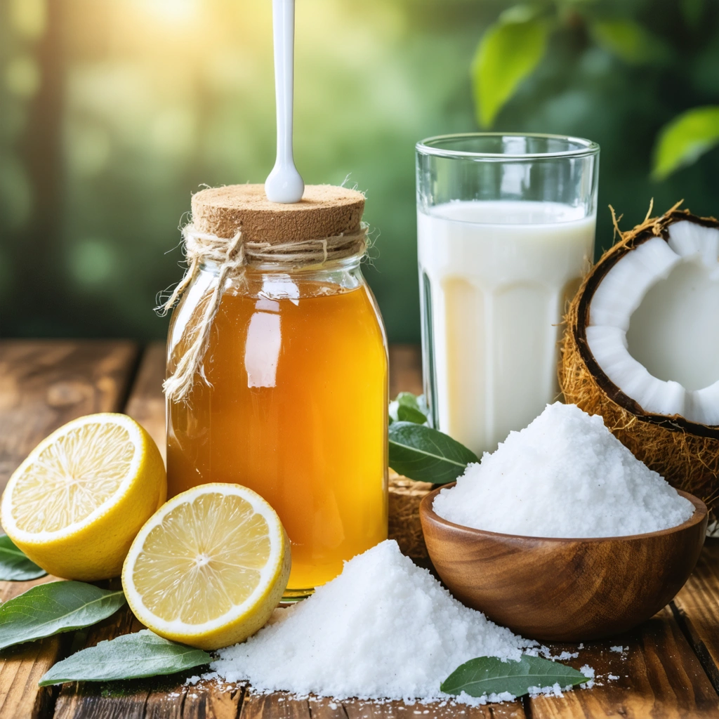 Solutions naturelles contre les aphtes comme du miel, citron, bicarbonate, lait de coco et feuilles de sauge sur une table en bois.