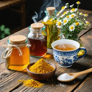 Table en bois avec miel, curcuma, infusion de camomille et bicarbonate pour apaiser une bouche enflammée