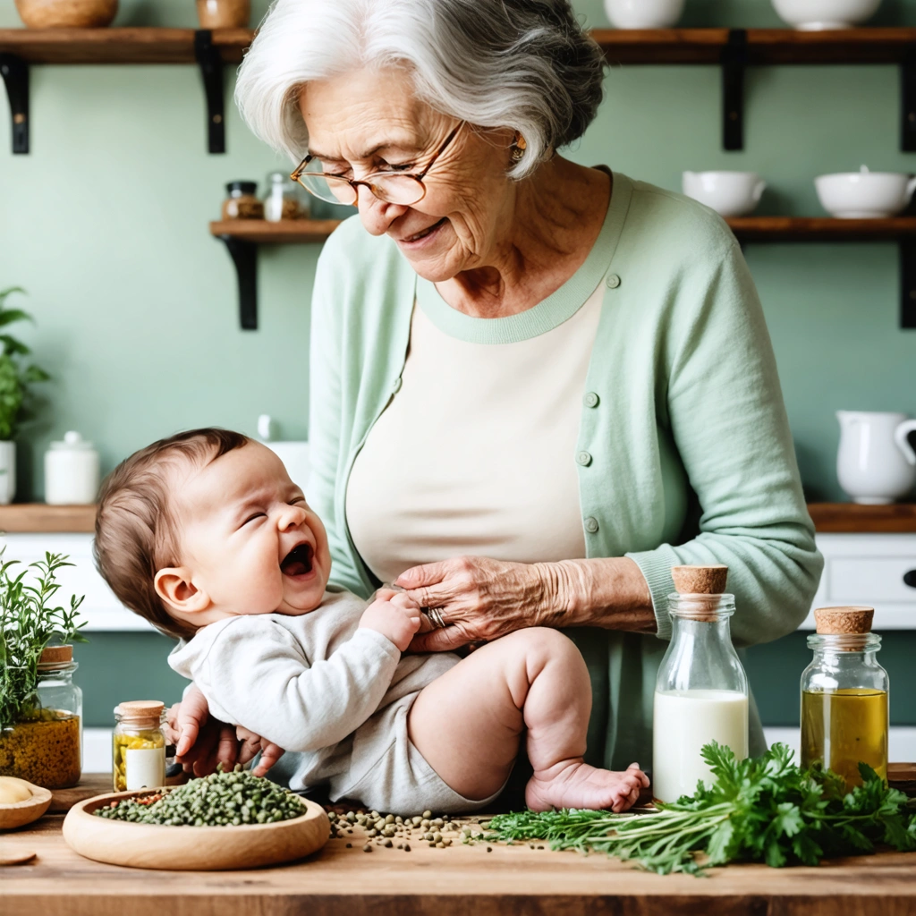 Grand-mère massant doucement le ventre d'un bébé pour soulager ses coliques, entourée d'huiles et de remèdes traditionnels.