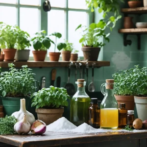 Ingrédients naturels comme l'ail, le vinaigre et les huiles essentielles sur une table, entourés de plantes d'intérieur luxuriantes