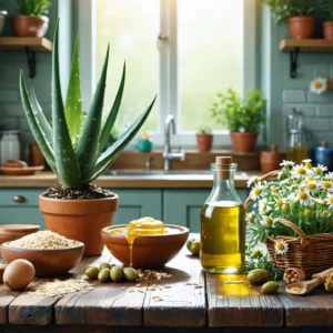 Table avec remèdes naturels contre l'eczéma : miel, aloe vera, avoine, et huile d'olive.