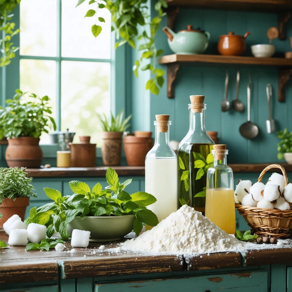 Un plan de travail rustique avec des remèdes naturels pour repousser les mulots, mettant en avant du vinaigre, de la menthe et de la farine.