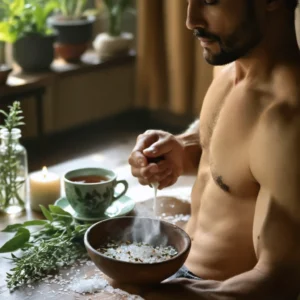 Une personne apaisée utilisant des remèdes naturels contre les courbatures, avec une tasse de thé, du sel de bain et un tapis de yoga visible.