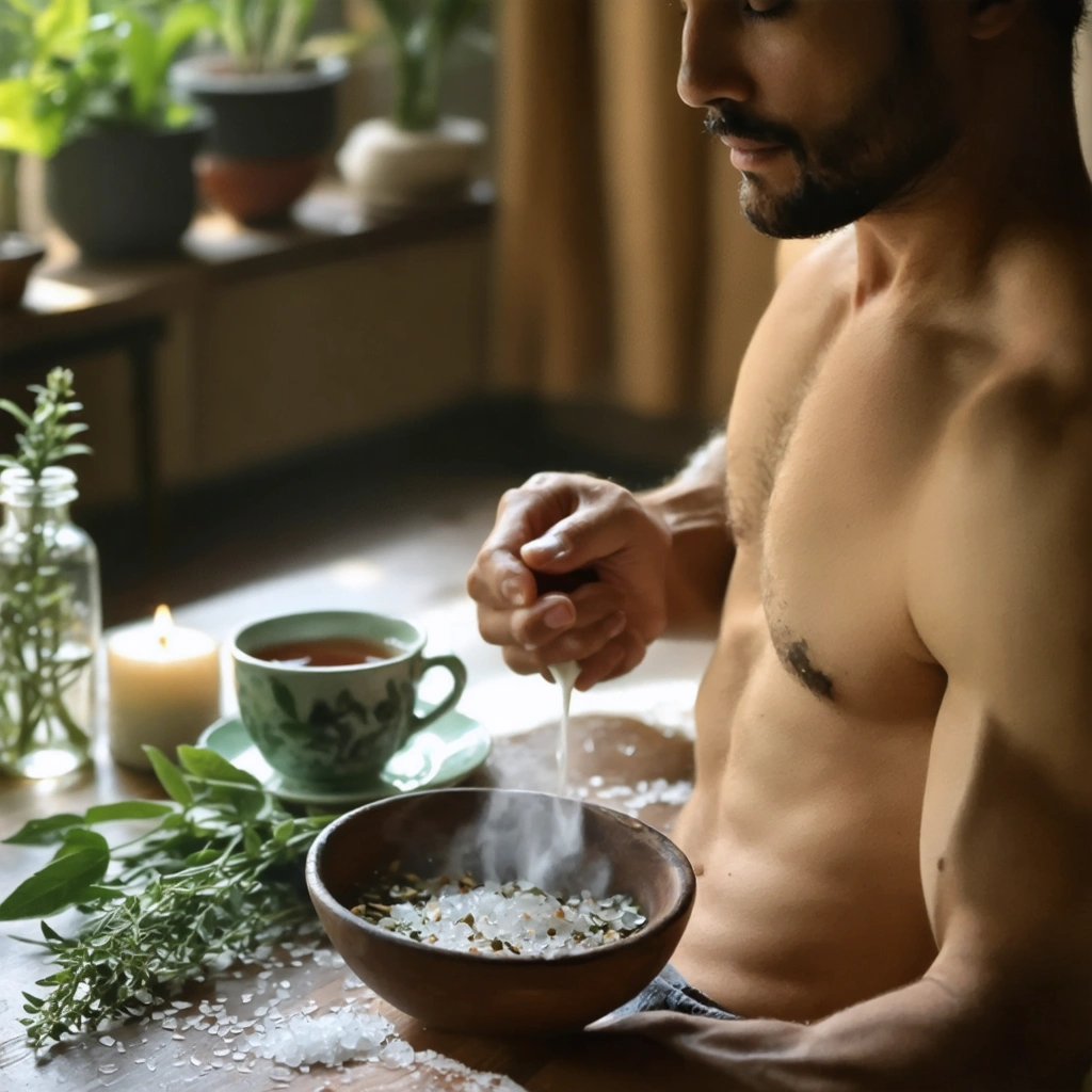 Une personne apaisée utilisant des remèdes naturels contre les courbatures, avec une tasse de thé, du sel de bain et un tapis de yoga visible.