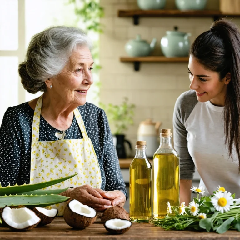 Une grand-mère partageant des remèdes naturels pour le cuir chevelu avec des ingrédients comme l'aloe vera et le vinaigre de cidre.