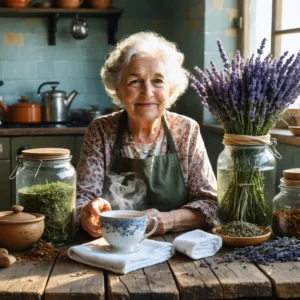 Une grand-mère à table entourée de plantes médicinales, d'une tasse de thé et de remèdes naturels.