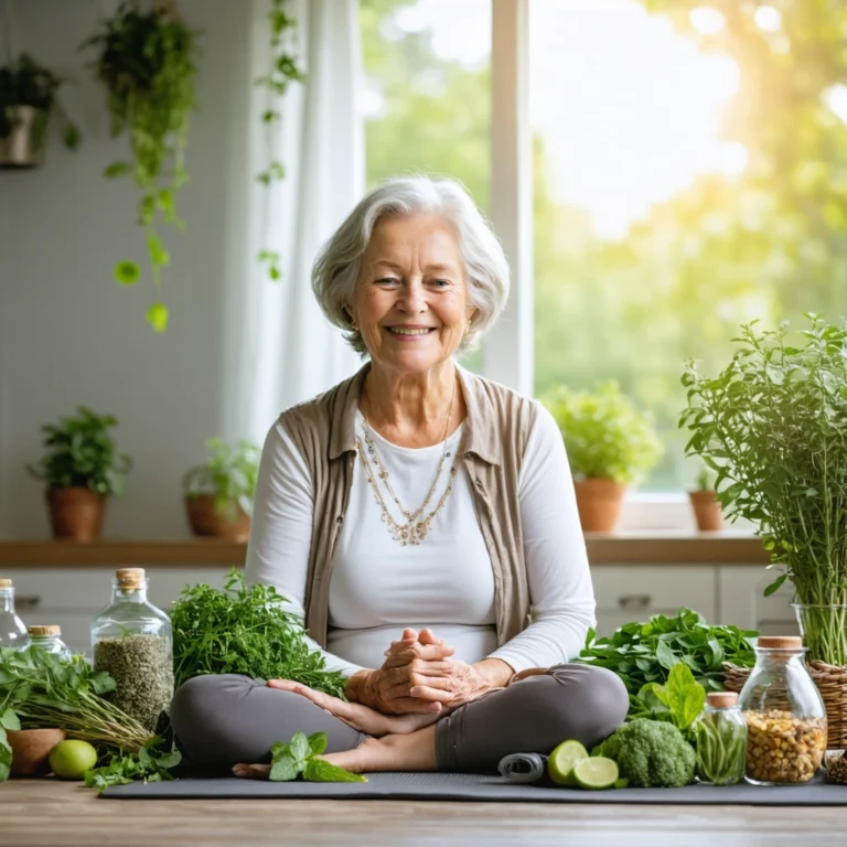 Une grand-mère souriante partage des astuces naturelles pour la fibromyalgie, entourée de plantes, de remèdes et d'une ambiance chaleureuse.