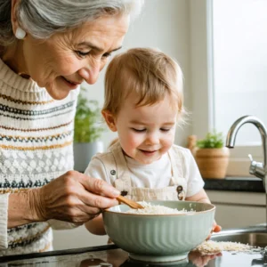 Grand-mère donnant de l'eau de riz à un bébé pour soulager sa gastro dans une cuisine chaleureuse.