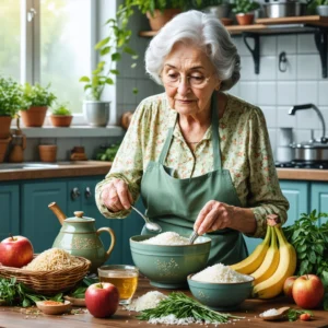 Une grand-mère préparant des remèdes naturels pour la gastro et la diarrhée dans une cuisine chaleureuse, avec du riz, des tisanes et des fruits.
