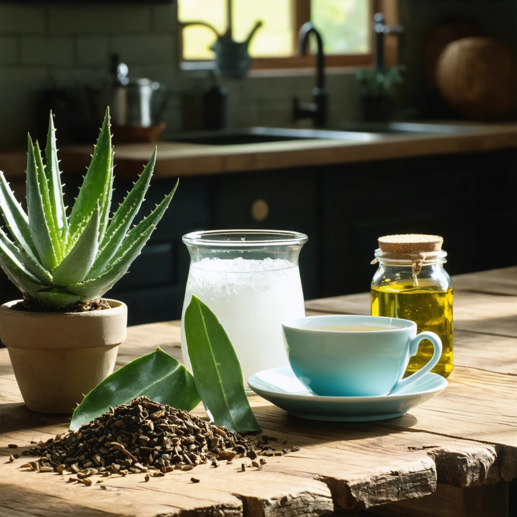 Une table avec des remèdes naturels comme le clou de girofle, le gel d’aloe vera, un verre d’eau salée, de l’huile de coco et du thé vert.