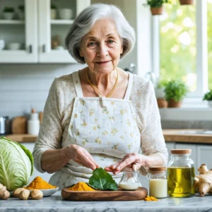 Mamie démontrant des remèdes naturels pour soulager l'arthrose du genou.
