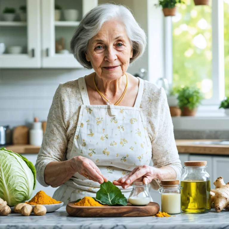 Mamie démontrant des remèdes naturels pour soulager l'arthrose du genou.