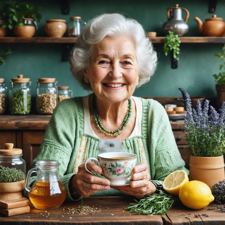 Une grand-mère assise à une table de cuisine avec du miel, du citron et une tasse de tisane chaude, créant une ambiance réconfortante.