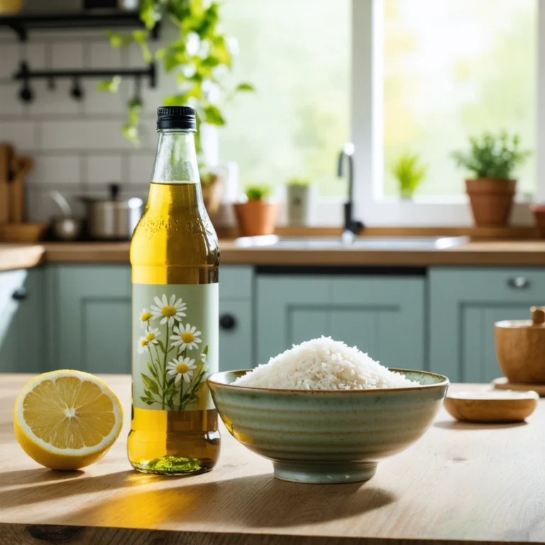 Une cuisine chaleureuse avec du thé à la camomille, un bol de riz blanc et un citron sur une table en bois.