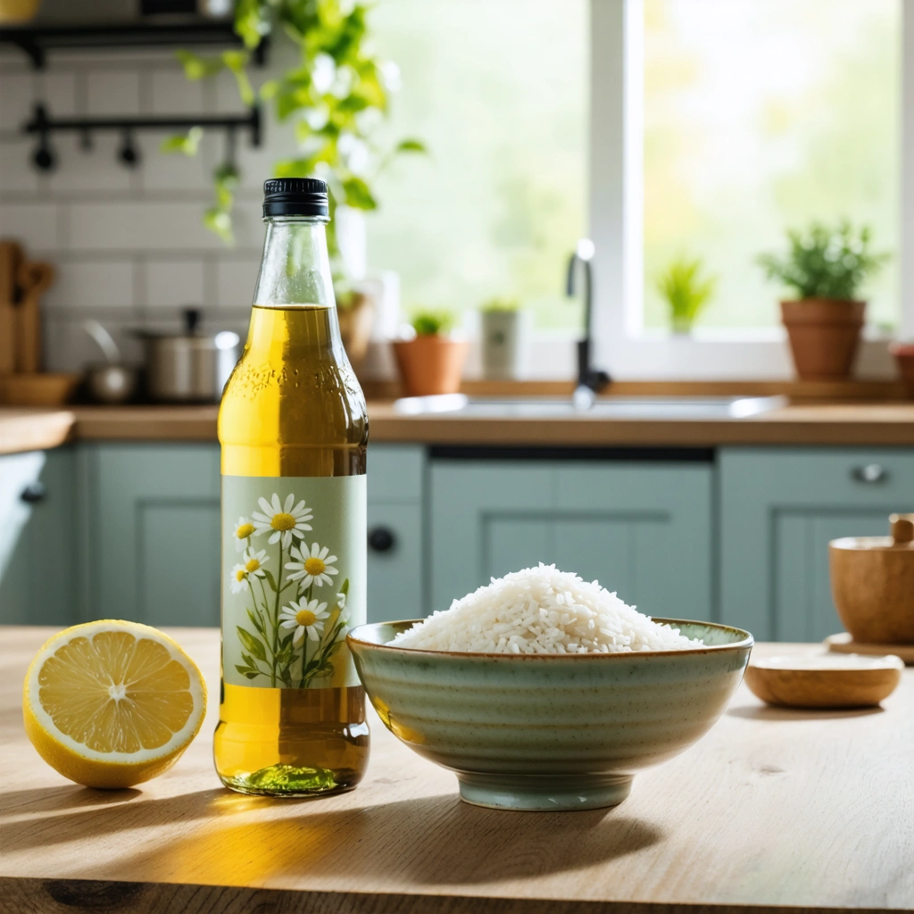 Une cuisine chaleureuse avec du thé à la camomille, un bol de riz blanc et un citron sur une table en bois.