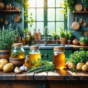 Un tableau d'astuces de grand-mère montrant du miel, de l'ail, des pommes de terre et d'autres ingrédients naturels sur une table en bois.