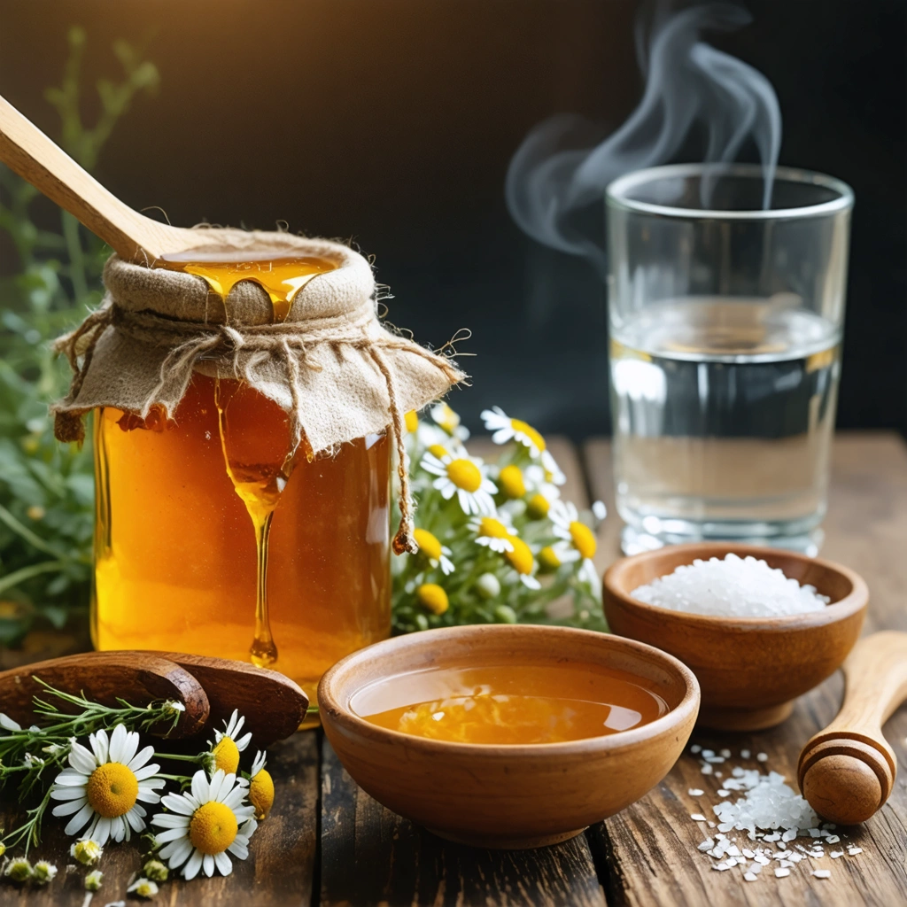 Un bocal de miel doré avec une cuillère dégoulinante, des fleurs de camomille séchées à côté d'une tasse de tisane fumante, et un petit bol de sel avec un verre d'eau, sur une table en bois dans une ambiance chaleureuse.