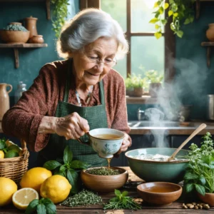 Une grand-mère dans une cuisine chaleureuse préparant une tisane avec des ingrédients naturels pour lutter contre le nez bouché.