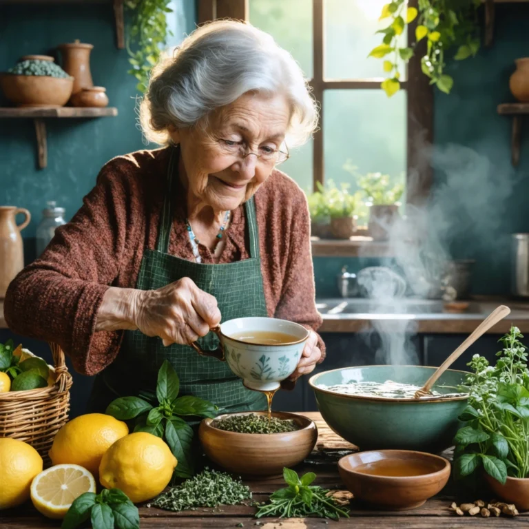 Une grand-mère dans une cuisine chaleureuse préparant une tisane avec des ingrédients naturels pour lutter contre le nez bouché.