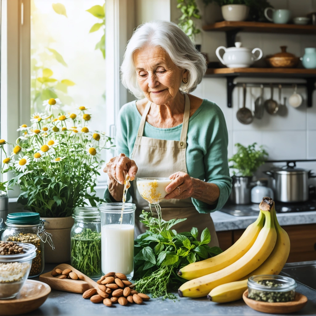Une grand-mère dans une cuisine préparant des remèdes naturels contre les remontées acides avec des plantes et des ingrédients simples.