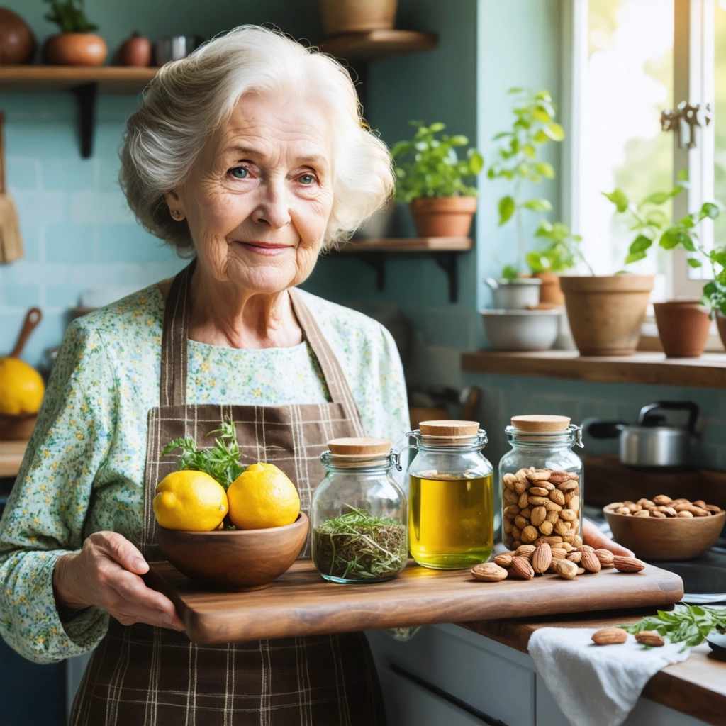Grand-mère présentant des remèdes naturels dans une cuisine chaleureuse, incluant citron, tisanes et noix.