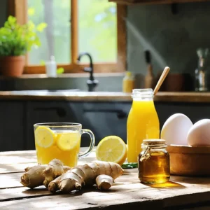 Un verre d'eau au citron, gingembre et miel disposé sur une table en bois avec des œufs frais.